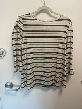 Striped Button-Sleeve Women’s Top in Cream and Black